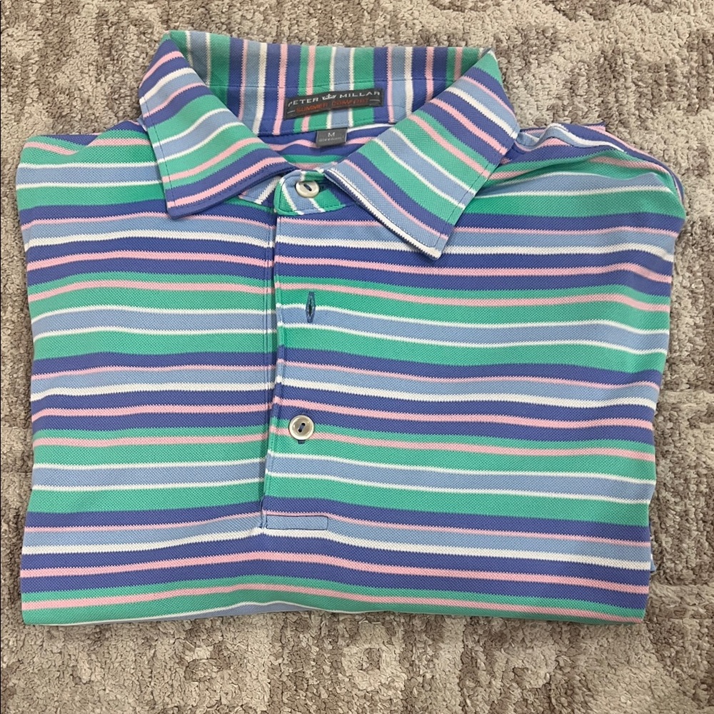 Peter Millar Striped Polo — Blue, Mint & Pink Accents with Champion Logo